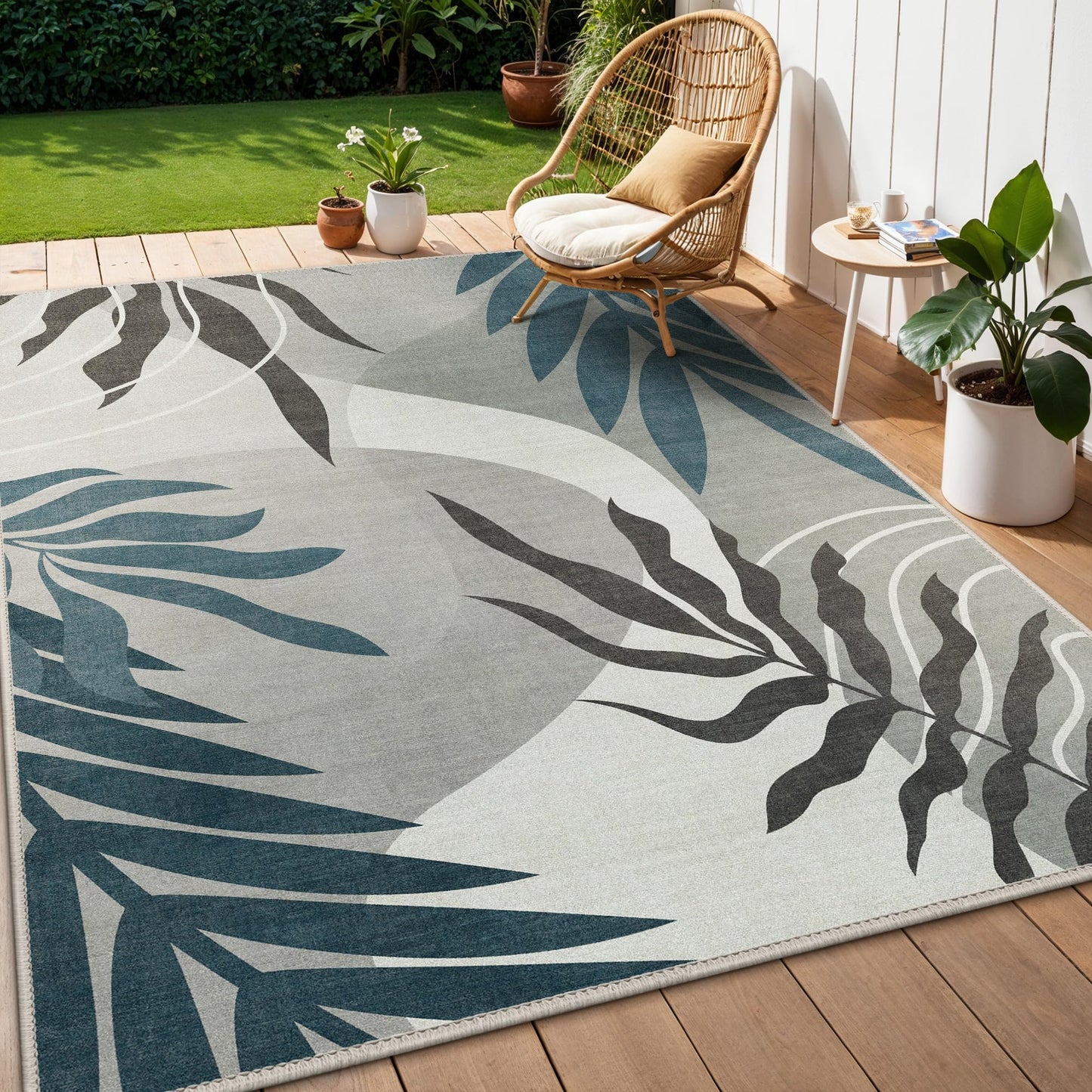 GENIMO Indoor Outdoor Area Rug 8' X 10' Waterproof, Washable Door Mat Non Shedding, Easy Cleaning Outdoor Carpet for Patio, Entryway, Porch, Bathroom, Living Room, Bedroom, Backyard, Blue&Grey