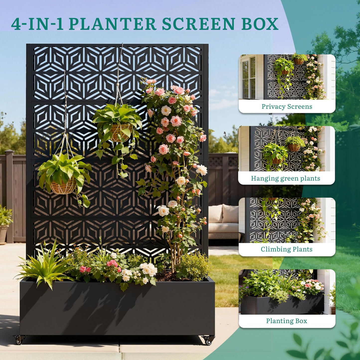Ultym Metal Planter Box with Trellis 73"x47"x16", Galvanized Steel Raised Garden Bed with Privacy Screen, Lockable Casters, Planter with Drainage Holes for Outdoor Climbing Plants, Vegetables, Patio