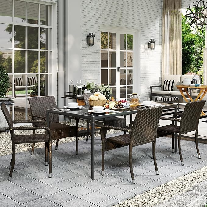 Yaheetech Set of 2 Stackable Outdoor Rattan Dining Chairs, All-Weather Armchair w/Armrests, Steel Frame for Garden, Patio, Deck, Yard, Poolside, Brown