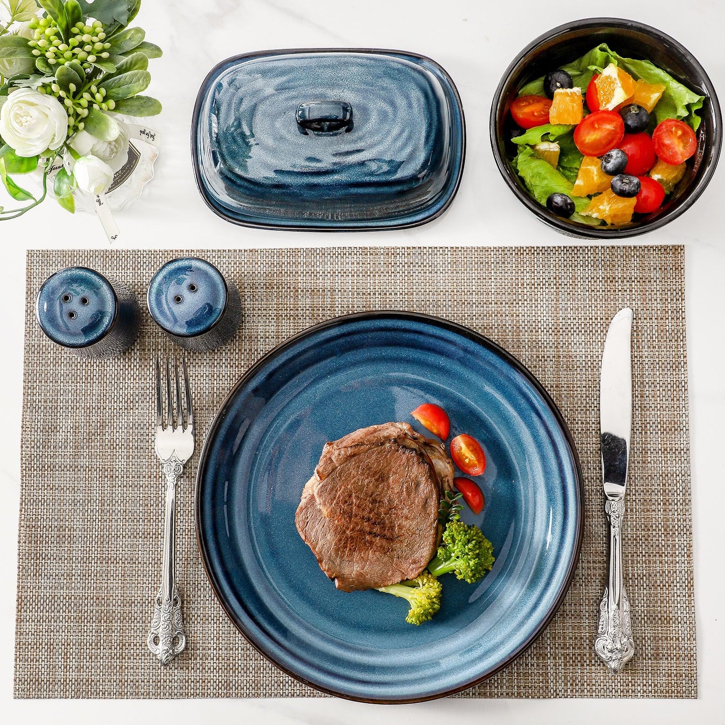 Hasense Ceramic Salt Pepper Shakers and Butter Dish Set, 2 Pieces Navy Reactive Glaze Dinnerware Accessories Set Perfect for Home Decor, Kitchen Housewarming Gift