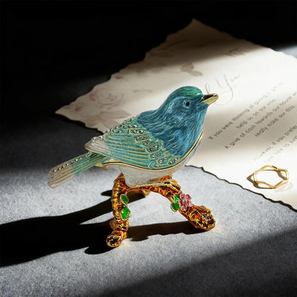 YU FENG Enamel Bird Trinket Box Jewelry Organizer, Hand Painted Decorative Hinged Keepsake Box – Blue Green Perched Bird
