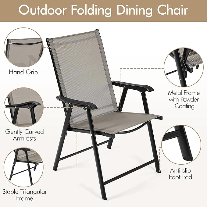 Yaheetech Outdoor Patio Chairs Set of 4, Portable Dining Chairs with Armrests for Camping, Lawn Yard Beach, Folding Outdoor Chairs 4-Pack with Metal Frame, Brown