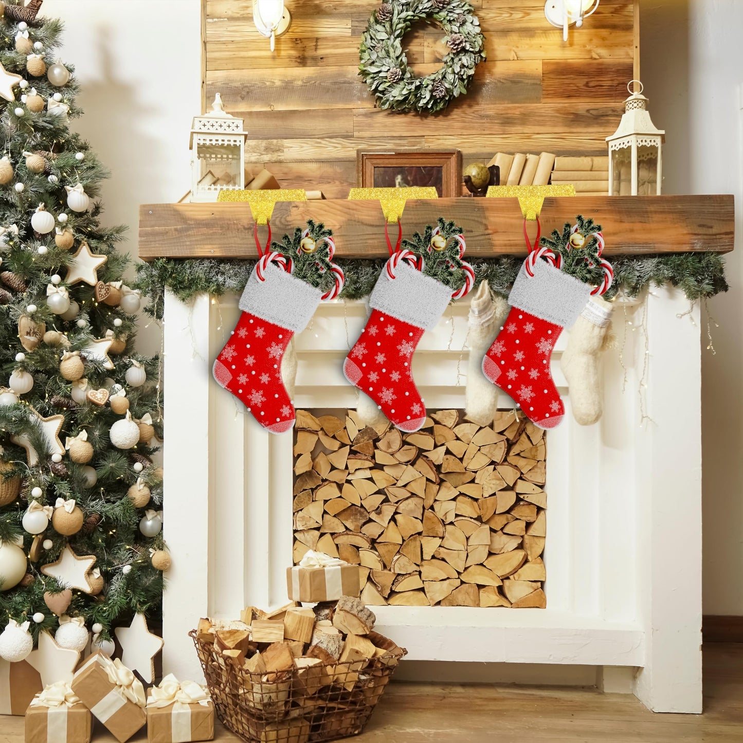 OCTERIC 4 Pack Shiny Glitter Christmas Stocking Holders, Heavy Duty Mantel Hangers Fireplace Hooks Grip Bases for Tables Window Decor Xmas Holiday Party Indoor Decoration (Gold)