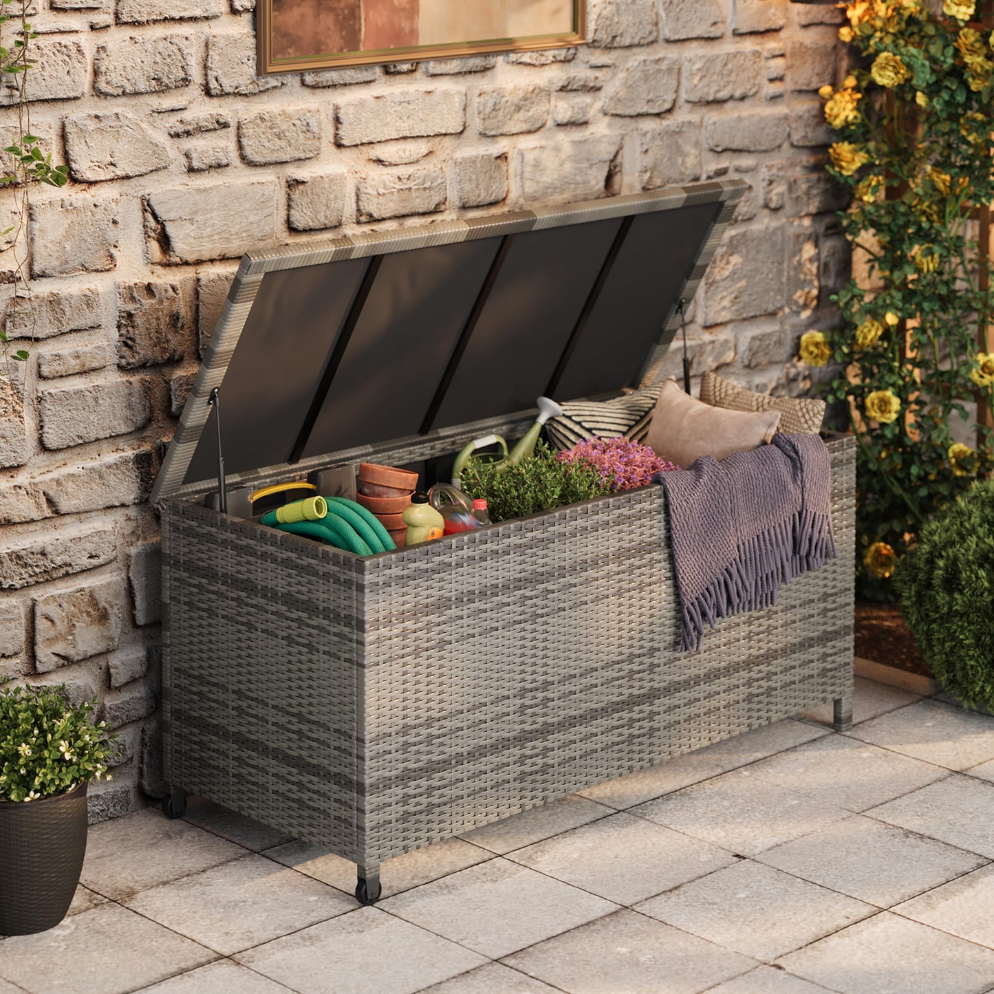 125 Gallon Outdoor Wicker Deck Box, All-Weather Waterproof Patio Storage with PE Rattan Finish & Steel Frame, for Cushions, Garden Tools, Pool Supplies, Lockable Gray Storage Box with Soft-Close Lid