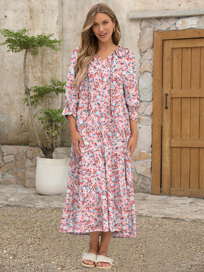 ANRABESS Women's Boho Maxi Dresses 2025 Summer Casual V Neck Puff Sleeve Floral Tiered Flowy Swing Beach Vacation Long Dress