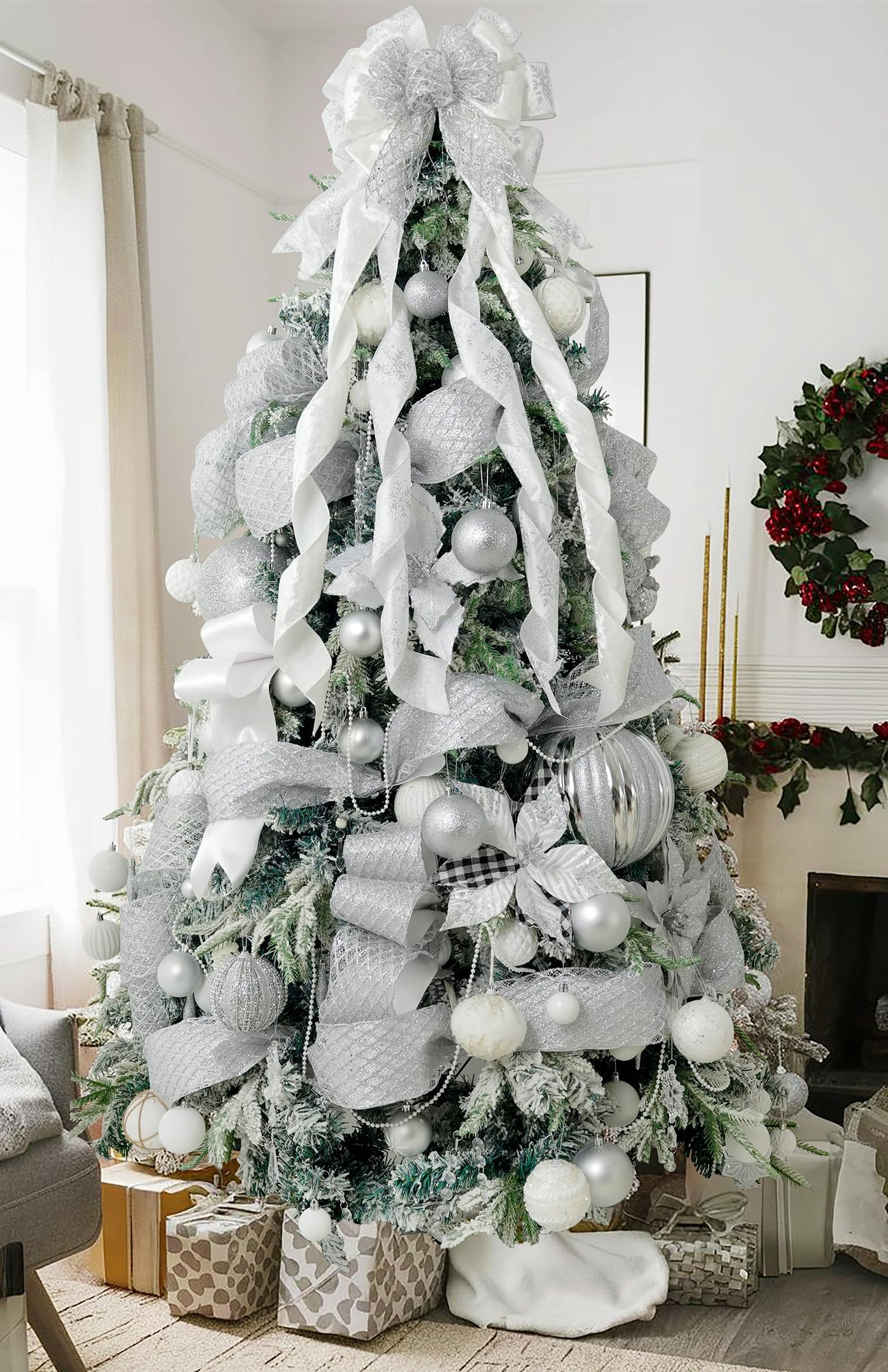 HUIHUANG Silver and White Christmas Tree Topper Bow 13 inch x 45 inch Large Glitter Christmas Bows Snowflake Velvet Bows for Christmas Tree Ornament, Wreaths, Staircase, Mantel, Home Decor