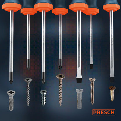 Presch Screwdriver Set 7 Pieces - Magnetic Screwdriver Sets with Slotted, Pozidrive and PH Screwdrivers - Pro Screw Driver Kit