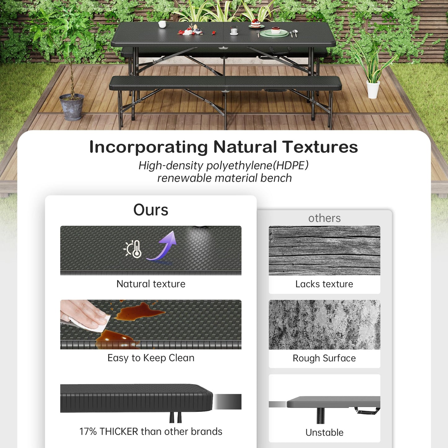 VSOAEIL 6 Foot Folding Picnic Table Set with 2 Benches, Camping Table Chair Set, HDPE Rattan Pattern Top, 3-Piece Portable Indoor Outdoor Furniture with Safety Locks & Handle for Party Camping, Black