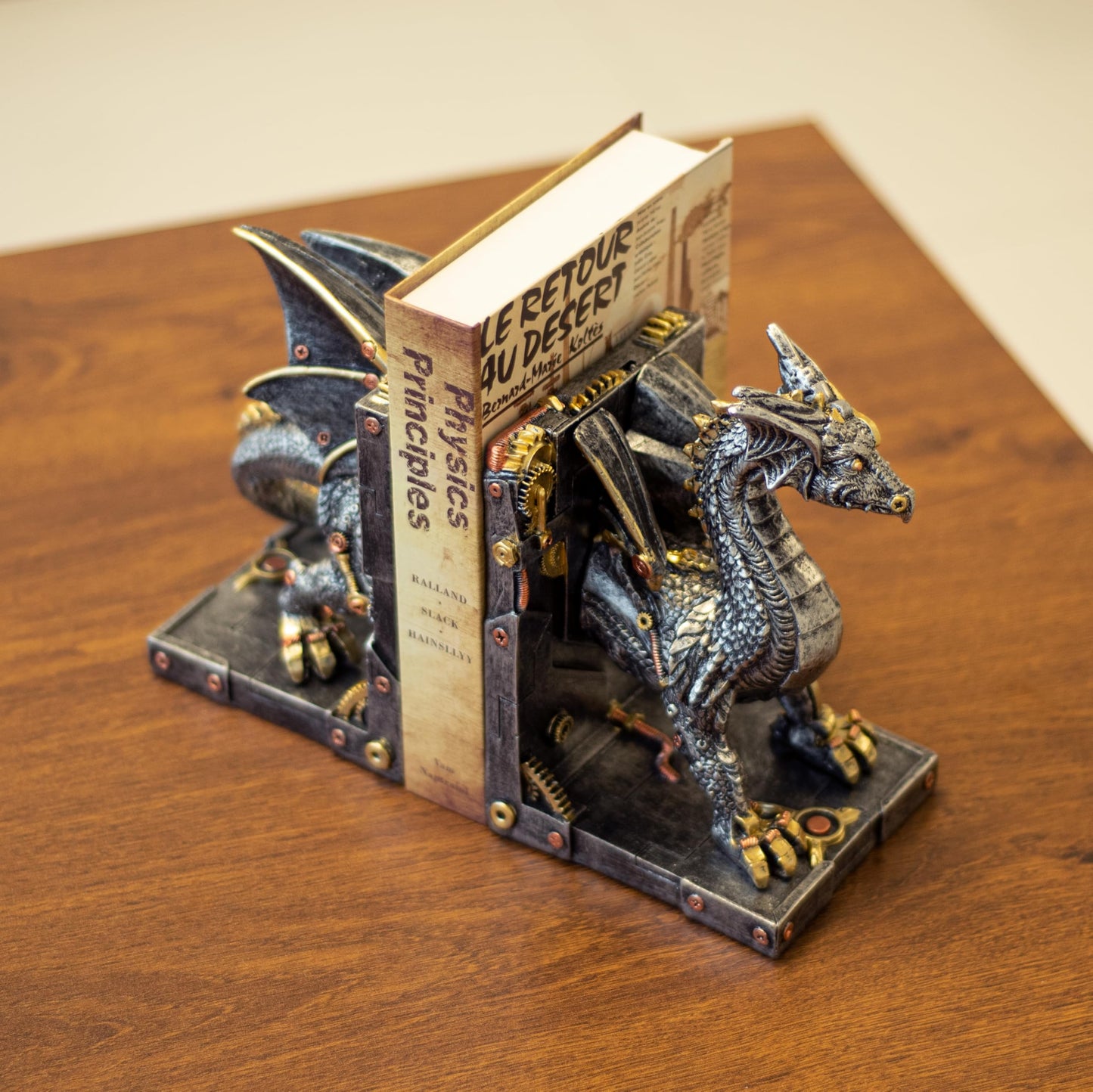 Large Steampunk Fantasy Dragon Statue, Decorative Bookends for Heavy Books, Unique Book Ends Decor for Shelves.