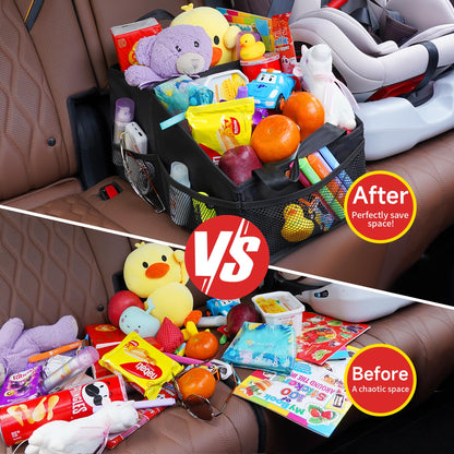 SURDOCA Car Seat Organiser for Front or Backseat, Travel Storage Accessories for Kids, Backseat Organiser with Tray for Toys, Snacks, Cups, Books, Tissue, Tidy and Clean