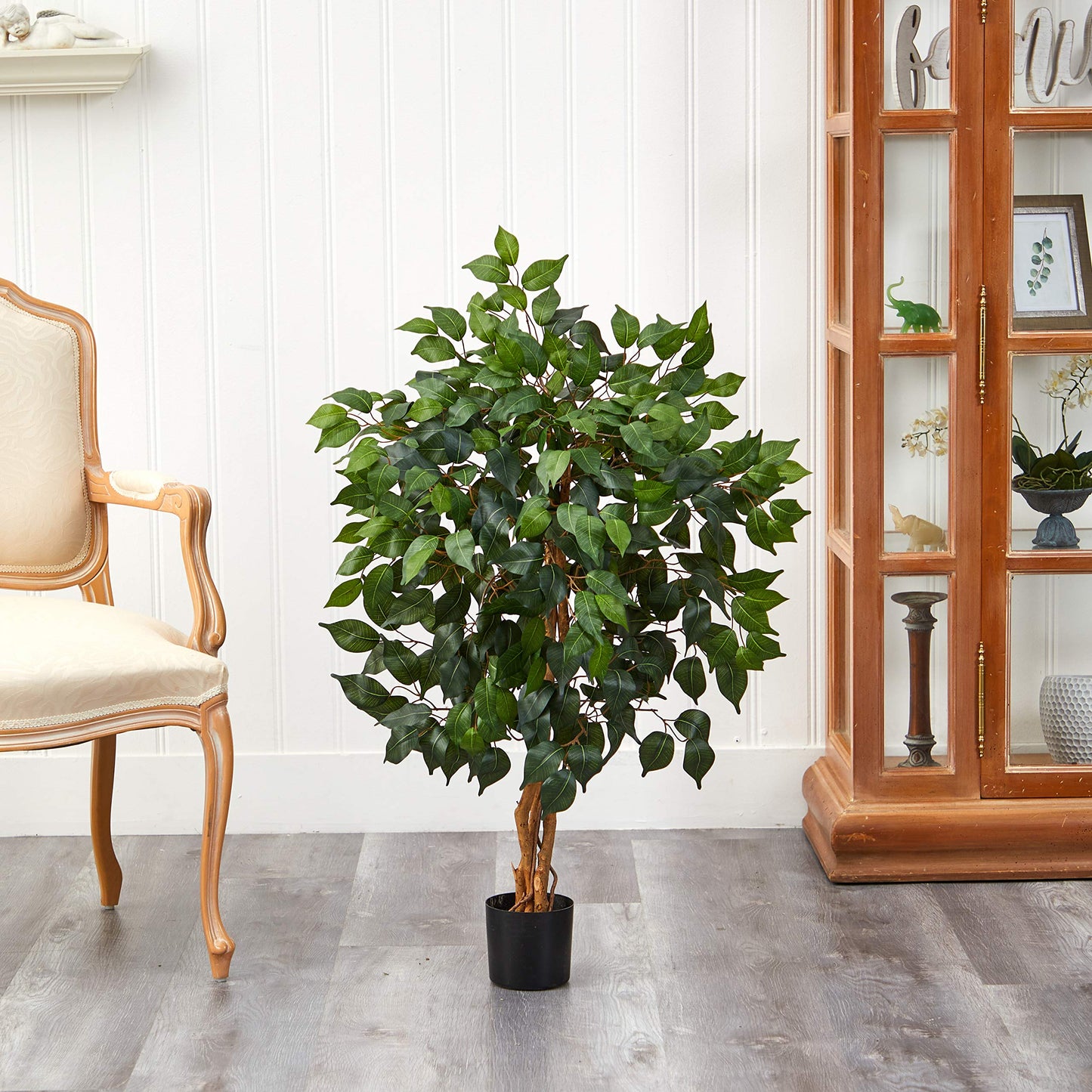 Nearly Natural 36in Triple Trunk Artificial Ficus Tree with Natural Wood Trunks, Fake Tree for Indoor Home Decor, Faux Ficus Plant in Black Nursery Pot