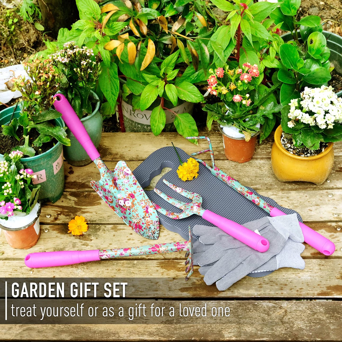 Colwelt Floral Garden Tool Set 6PCS, Gardening Kit with Beautiful Print, Gardening Gifts Tools for Women with Transplant Trowel, Fork, Hand Rake, Cultivator, Garden Gloves and Kneeling Pad