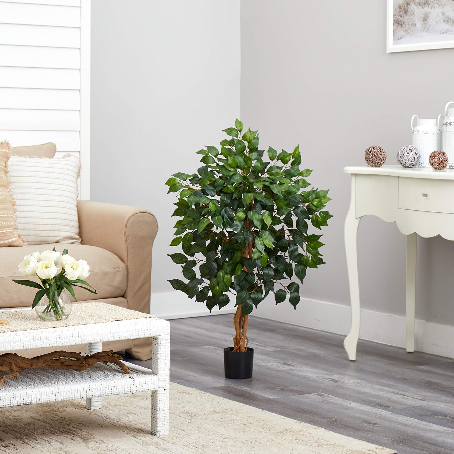 Nearly Natural 36in Triple Trunk Artificial Ficus Tree with Natural Wood Trunks, Fake Tree for Indoor Home Decor, Faux Ficus Plant in Black Nursery Pot