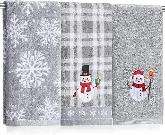 3 Pcs Winter Hand Towels for Bathroom Snowflake Snowman Embroidered Bathroom