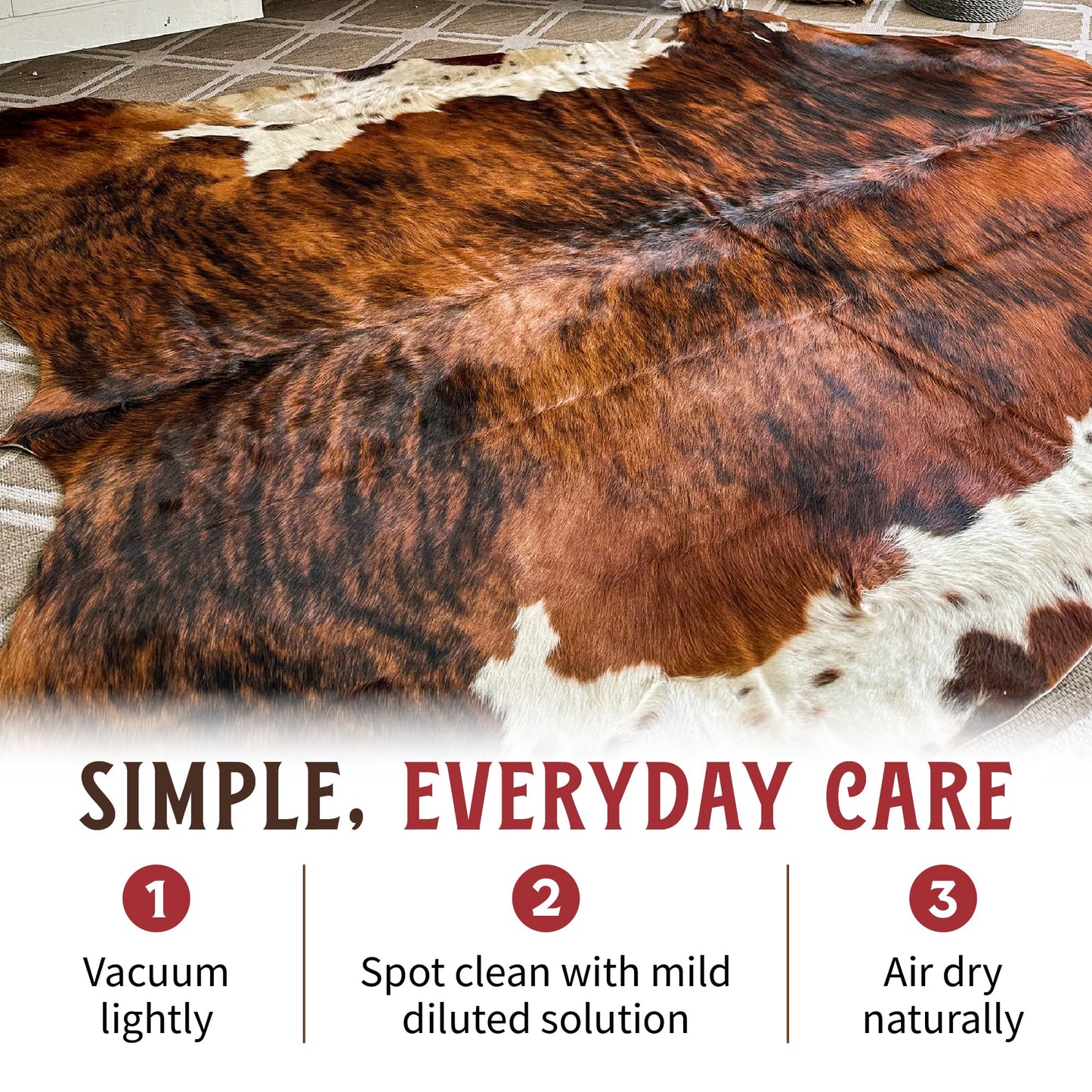 HIDES BAZAAR Real Cowhide Rug 5x7 ft - Natural Leather Hair-on-Hide Area Rug with Brown, Black & White Pattern (Brown Brindle) - Soft Western Cow Skin Rug for Living Room, Ranch Decor & Rustic Homes