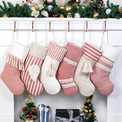GEX Christmas Stockings 6 Pack for Family 20" Large Rustic Farmhouse Country Red Xmas Stockings with Tassels Hanging Ornament Decorations for Fireplace Xmas Season (Red, Set of 6)