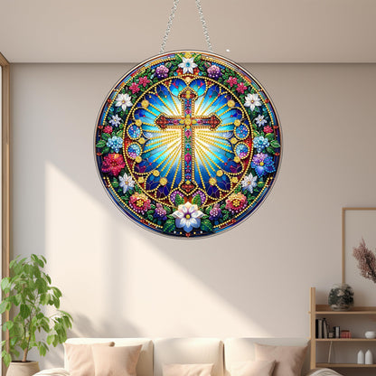 DIY Acrylic Diamond Art Painting Wreath Kits Special Shaped Rhinestone 5D Diamond Art Window Pendants Home Garden Wall Hanging Kits Hanging Ornament (Cross-2)