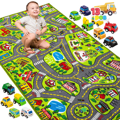 JOYIN Kids Toy Rug Gift Set-City Playmat with Road Tracks & 12 Vehicles,Educational Carpet for Boys Girls,City Pretend Play,Durable Playroom Toy Mat for Kids,148x80cm