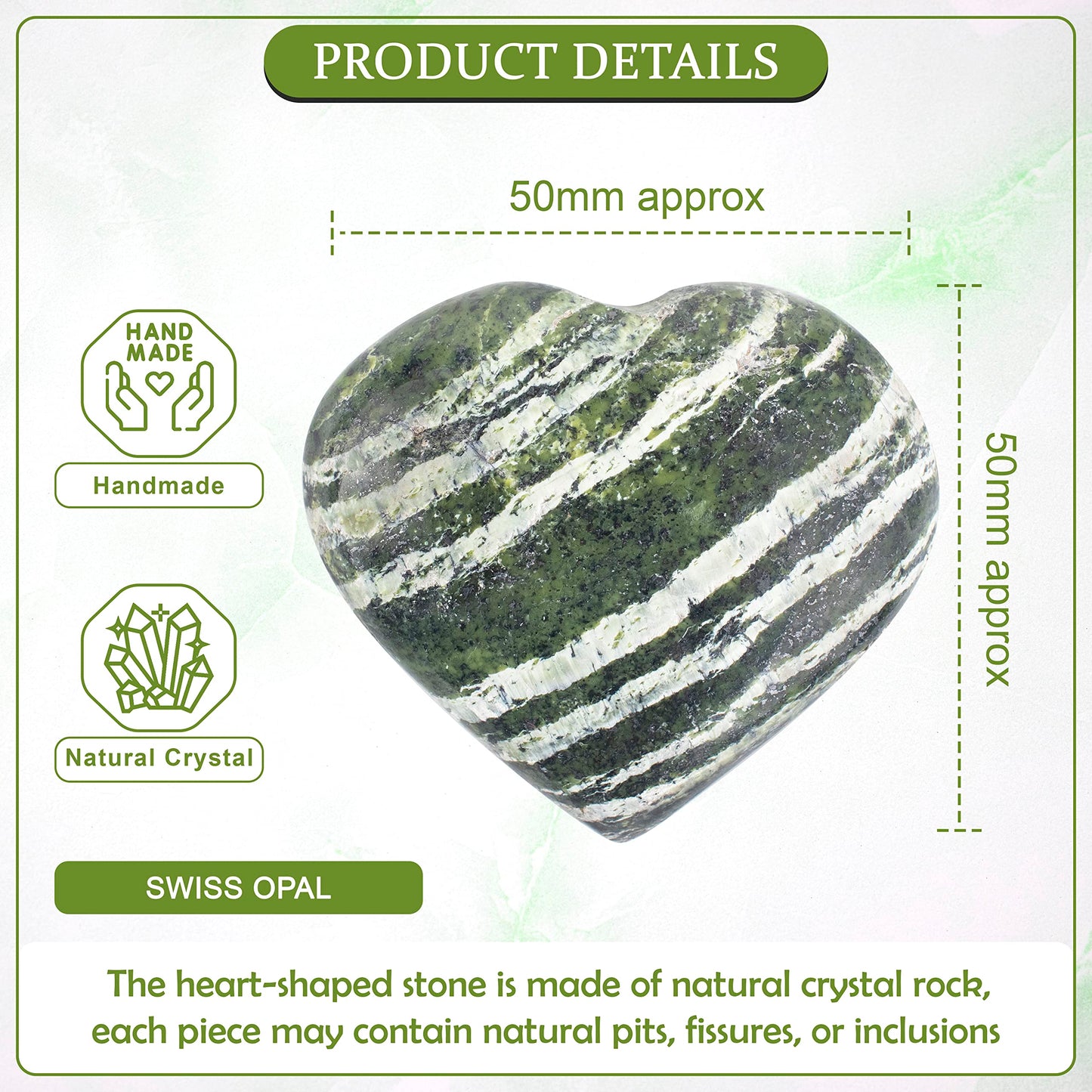 Crocon 50mm Swiss Opal Heart Stone Big Heart Shape Puff Stones Set 450+ Carats Pocket Crystal Healing Tumble Collection Palm Worry Stone Good Luck Charm Meditation Gift Craft Home Decor