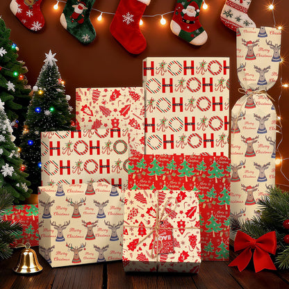 ENFANTRY Christmas Wrapping Paper, 4 Sheets Gift Wrapping Paper Bundle, Christmas Tree Reindeer Head Xmas Gift Paper, Thick Kraft Brown Paper for Chrimas, Birthday, New Year, Valentines, Wedding, Holiday Deco, DIY