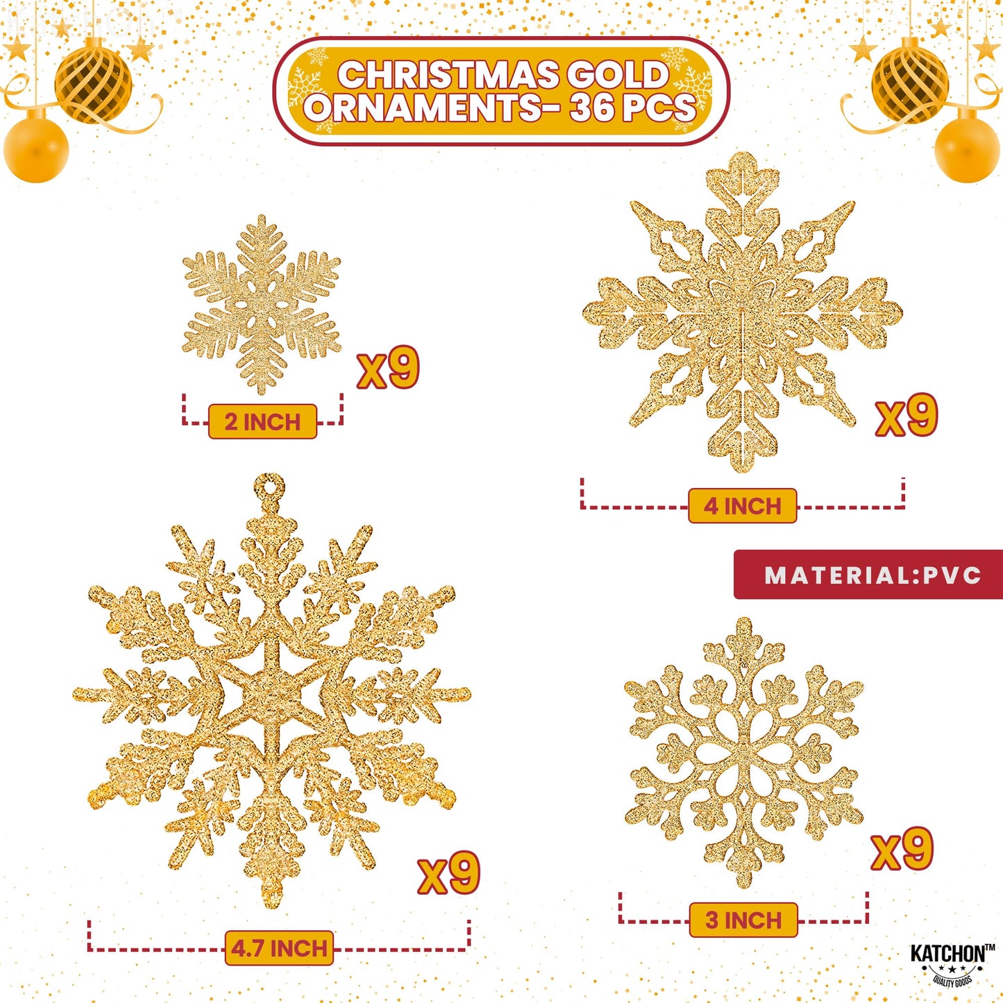 KatchOn, Gold Snowflake Ornaments for Christmas Tree - Large, Pack of 36 | Glitter Snowflake Ornaments | Gold Christmas Tree Decorations | Snowflake Christmas Ornaments, Christmas Hanging Decorations
