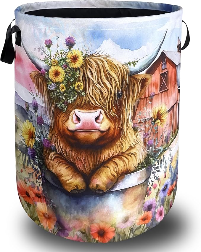 Highland Cow Laundry Basket Floral Farm Foldable Funny Laundry Hamper Oxford