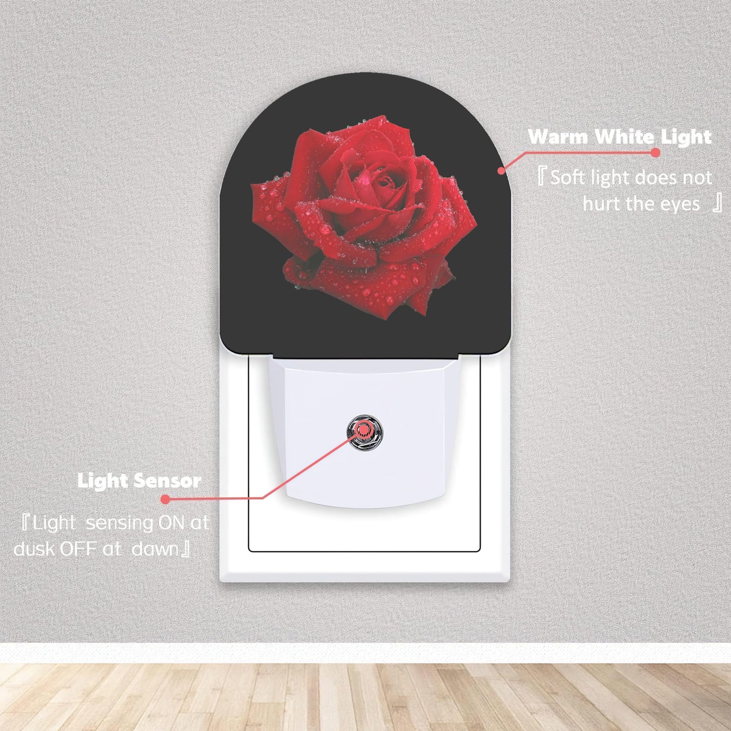 Axxitude Red Rose Raindrops Night Lights Plug into Wall for Girls Boys Room,Night Light LED Lamp Dusk to Dawn Sensor Round Lamp for Bedroom Bathroom Hallway Home Wall Decor Nightlight