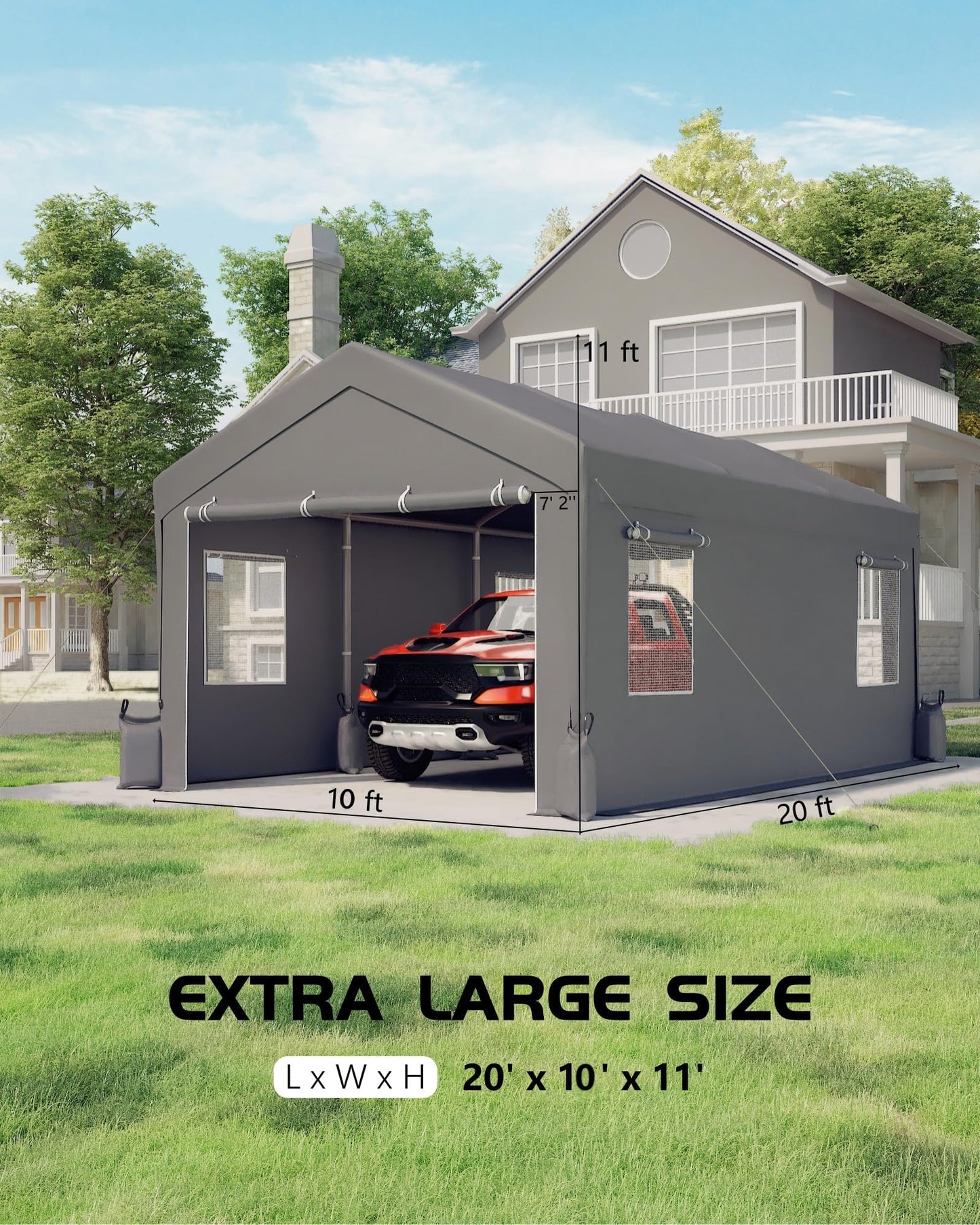 10X20 ft Heavy-Duty Metal Carport with Roll-Up Doors & 4 Windows, All Weather Extra Large Car Port, 200 g PE Tarp Cover Portable Garage for SUV, Sedan, Boat, Motorcycle & ATV Storage Shelter, Grey