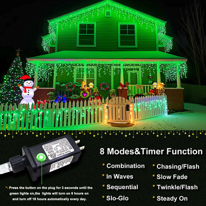 400 LED Icicle Christmas Lights Outdoor - 33FT Icicle Lights for Outside 8 Modes with 75 Drops, Plug in Waterproof Connectable Fairy String Lights for Indoor Holiday Party Christmas Decoration,Green