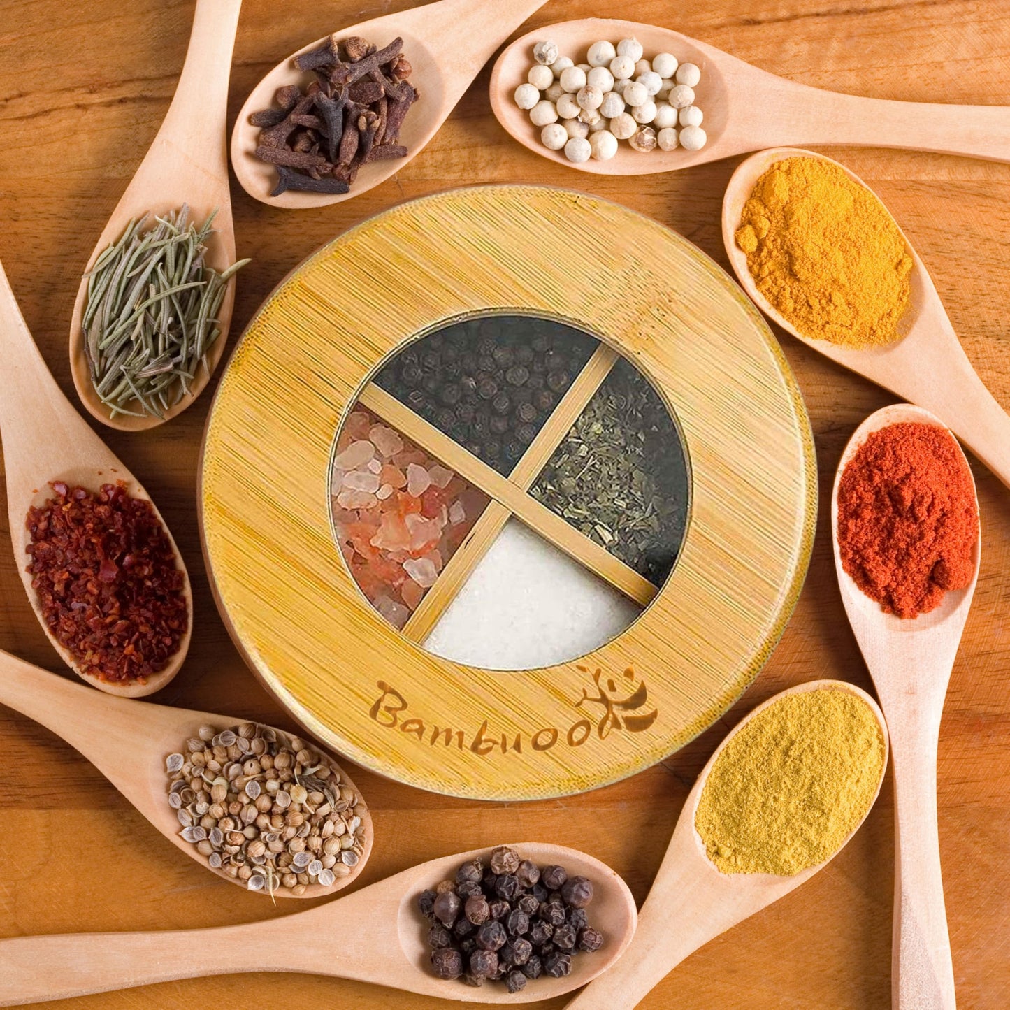 Bambuood Premium 4 Compartments Salt & Spice Cellar with Spoon - Swivel Magnetic Lid for Convenient Seasoning Access - 100% Natural Bamboo - Elegant and Eco-Friendly Kitchen Accessory.