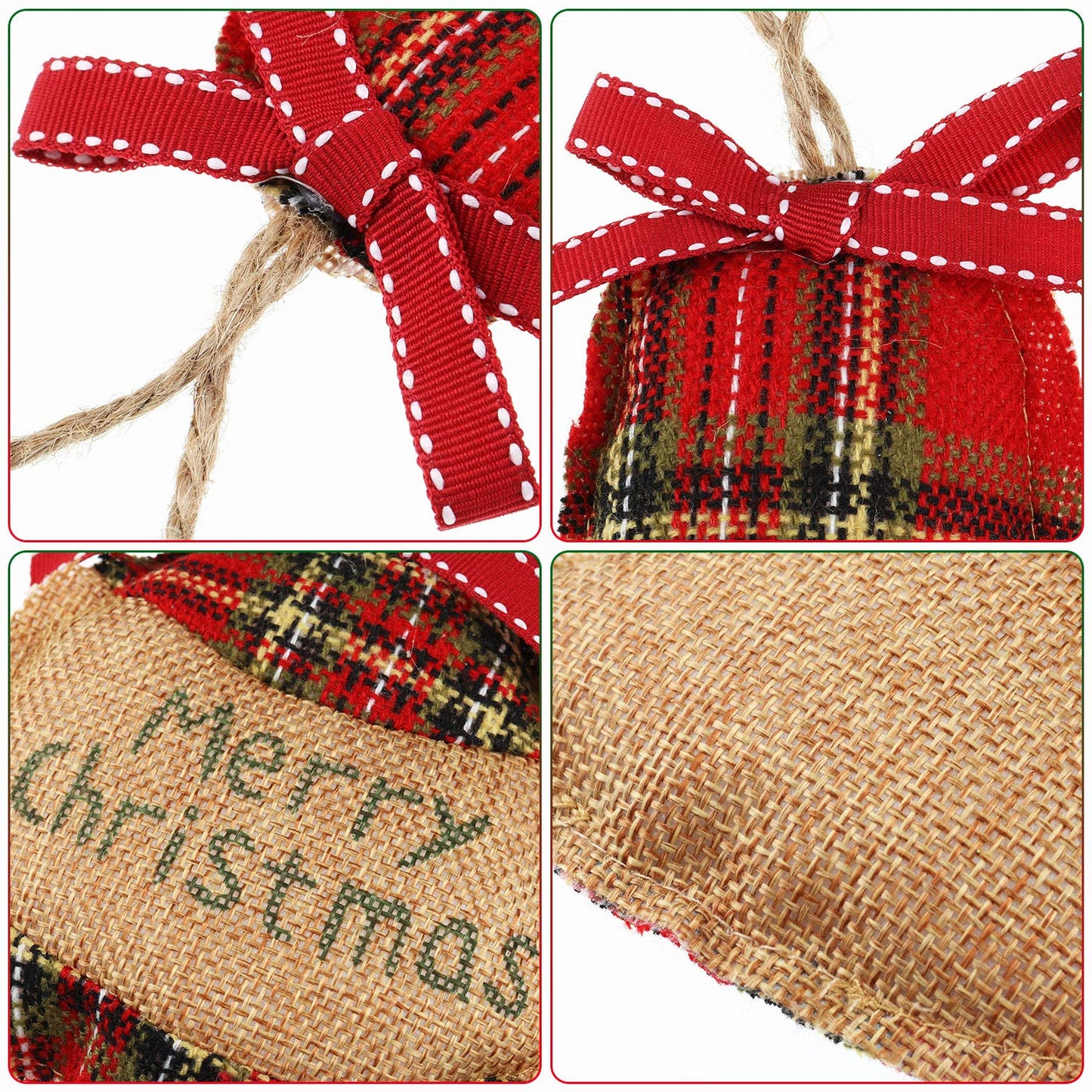 WILLBOND 16 Pcs Rustic Burlap Christmas Tree Ornaments Bulk Farmhouse Country Christmas Decorations Red Buffalo Plaid Stocking Hanging Ornaments for Xmas Holiday Family Office Party Gifts Decor