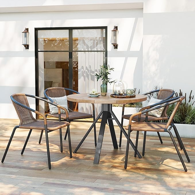 Amopatio Outdoor Dining Chairs Set of 6, Rattan Wicker Patio Chairs, Stackable Indoor-Outdoor Chairs, Bistro, Deck, Yard, Porch, 6 Pack, Brown