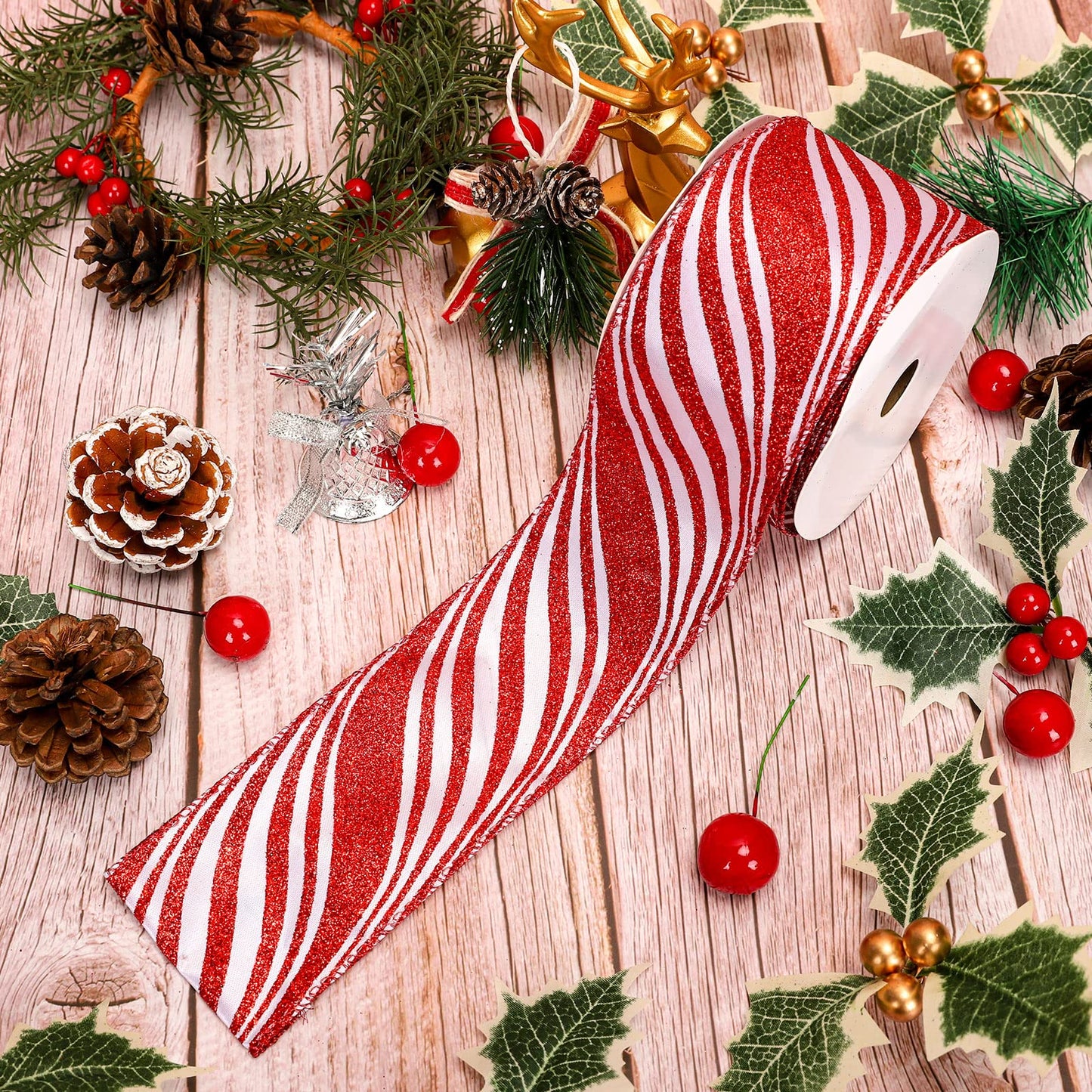 Whaline Christmas Glitter Candy Cane Ribbon White Red Stripe Wired Edge Ribbon 2.5 Inch Rustic Farmhouse Craft Ribbons for Xmas DIY Gift Wrapping Floral Arrangement Wreath Bow Decoration, 10 Yard