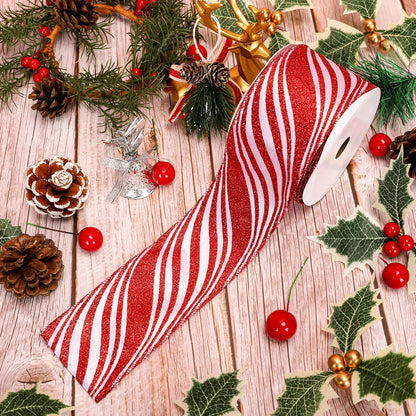 Whaline Christmas Glitter Candy Cane Ribbon White Red Stripe Wired Edge Ribbon 2.5 Inch Rustic Farmhouse Craft Ribbons for Xmas DIY Gift Wrapping Floral Arrangement Wreath Bow Decoration, 10 Yard