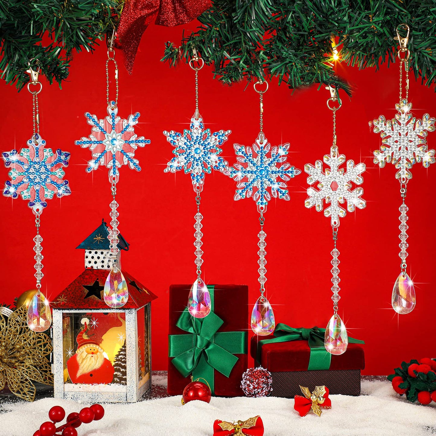 Perthlin 6 Pcs Christmas Snowflake Diamond Art Kits Double Sided Winter Diamond Wind Chimes Art for Window Christmas Tree Decoration Snowflake Suncatchers for DIY Crafts Wonderland Decoration