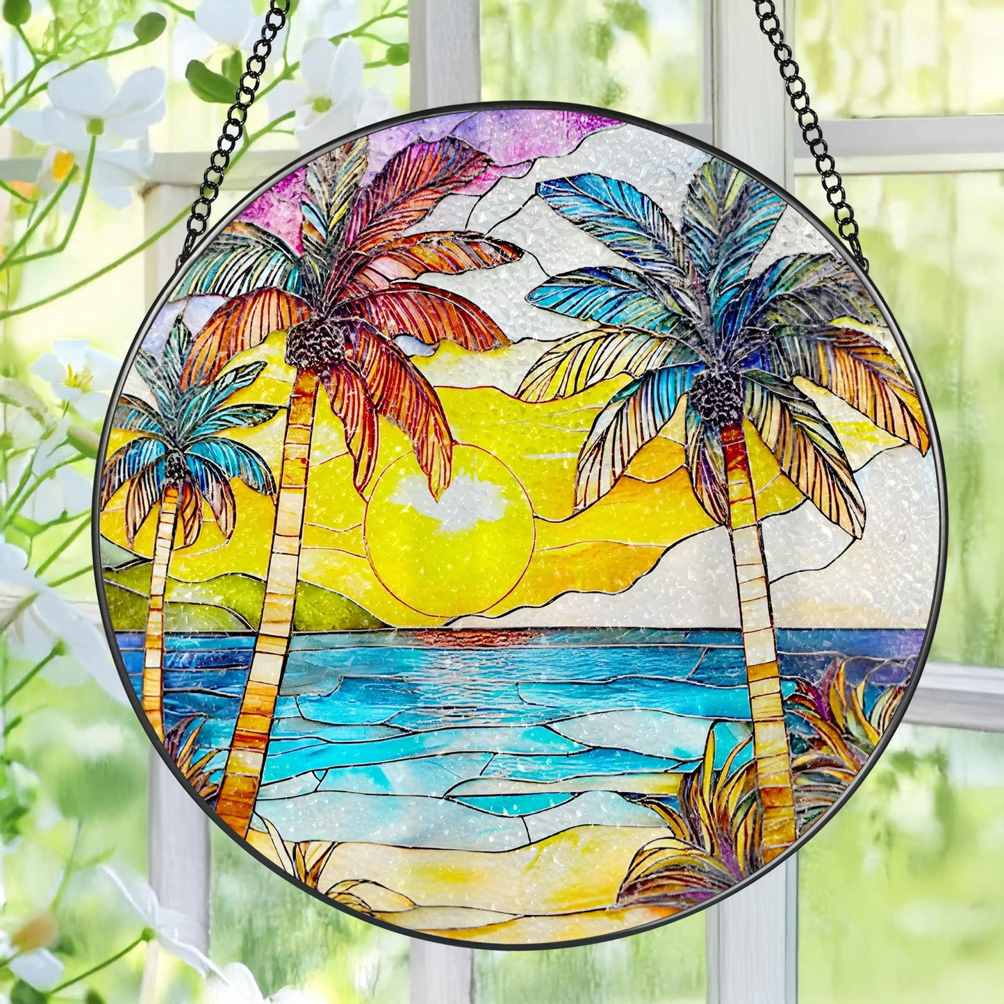 Stained Glass Window Hanging, 8 Inch Beach Sunset Stained Glass Suncatcher, Window Hanging Decor, Beach Lover Home Decor, Seabeach Sunrise Suncatcher, Gift for Mom Grandma