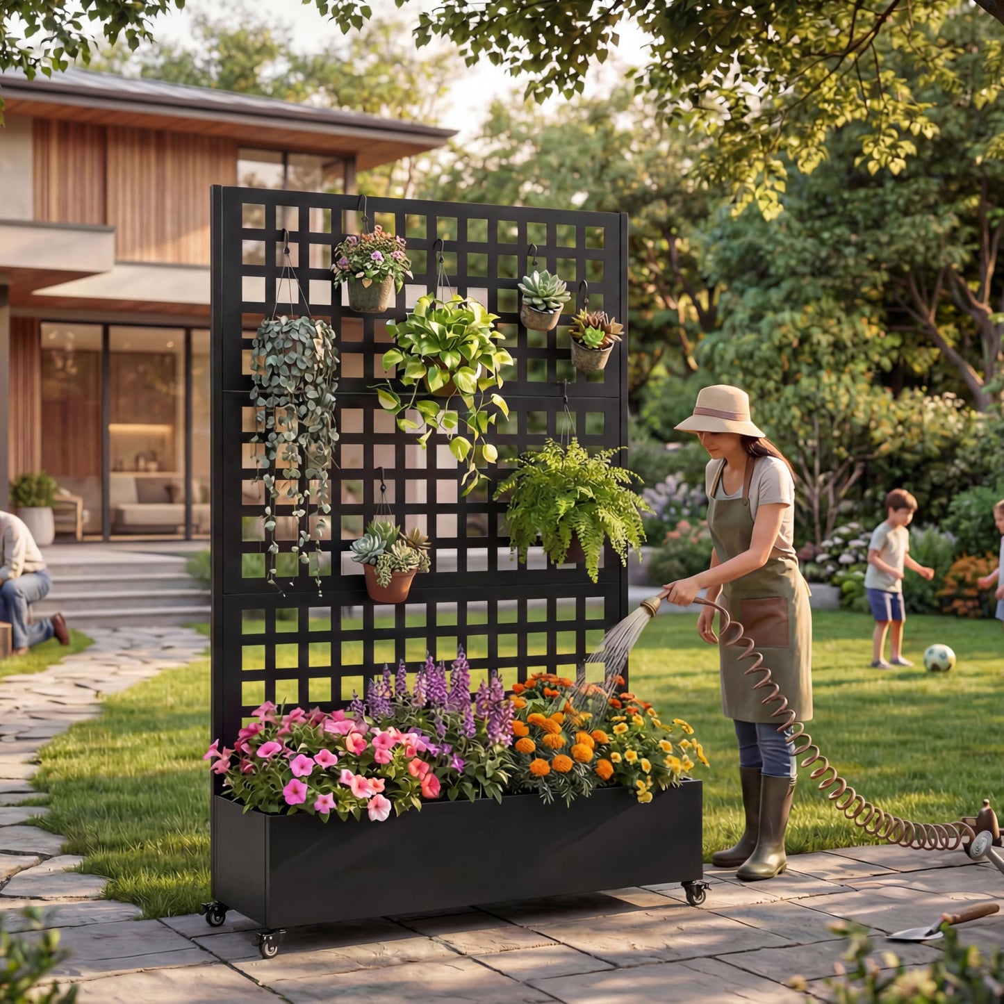 JIJIWANG 73" H Metal Raised Garden Bed with Trellis and Wheels, 73"x47"x16" Planter Box for Climbing Plants, Vegetables & Vines, Features Privacy Screen and Drainage Holes Black