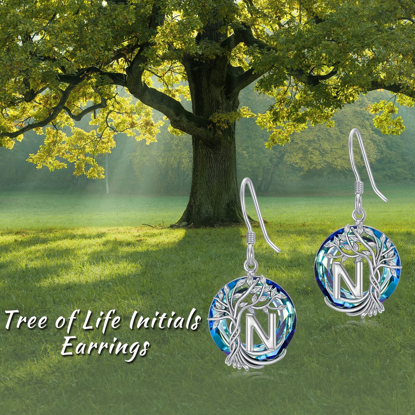 TOUPOP Tree of Life Initial Earrings Sterling Silver Initial N Letter Drop Dangle Earrings Blue Circle Crystal Family Tree Jewelry Birthday Mothers Day Gifts for Women Mom Her