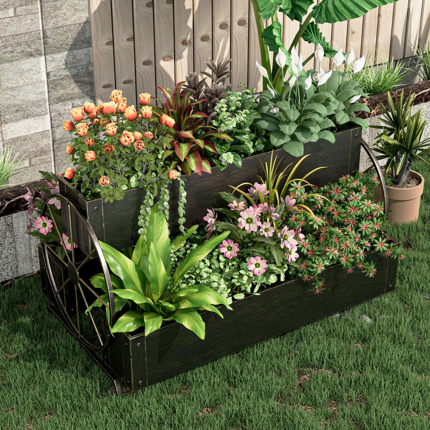 Athuiline Metal Raised Garden Beds with Wagon Wheels, 3-Tier Outdoor Planter Boxes, Decorative Herb Garden Planter for Flowers Herbs Vegetables, Small Flower Cart for Patio, Balcony (Retro Gold)