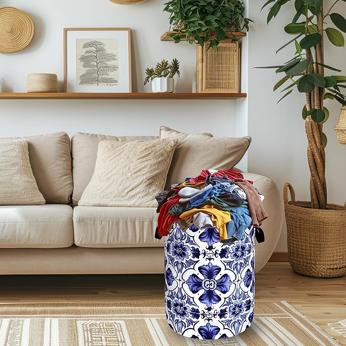 Blue and White Mexican Tile Laundry Basket Oxford Cloth Foldable Boho Laundry