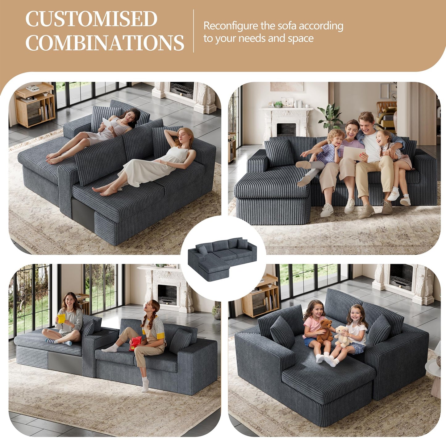 Vongrasig 105" Boneless Couches for Living Room,Sectional Couches Modular Sofa with L-Shaped Chaise, Memory Foam Comfy Cloud Couch with Plush Corduroy Fabric, No Assembly Required, (Dark Grey)