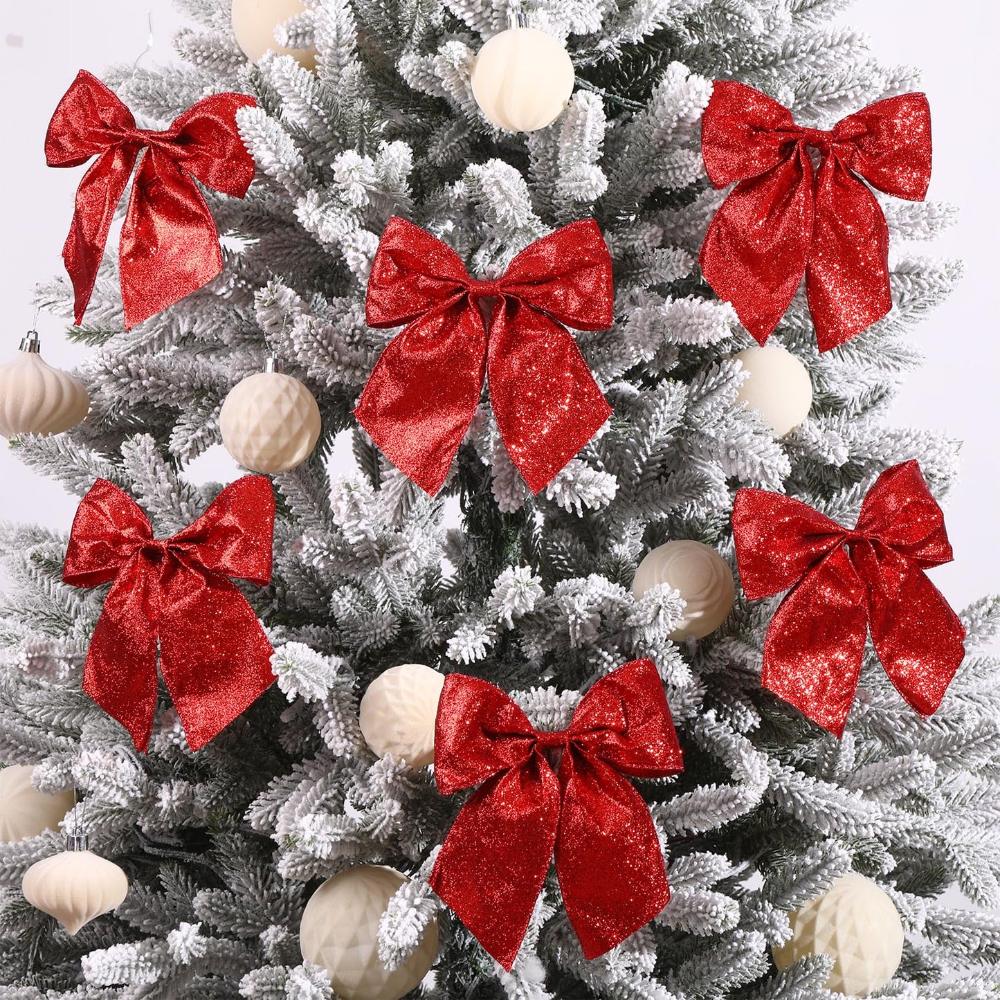 JOICEE 12 Pcs Glitter Ribbon Christmas Bows with Twist Ties,5.5 Inch Premade Metallic Xmas Bows for Christmas Trees Garland Wreath Gift Wrapping Decorations (Red)
