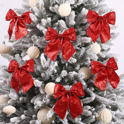 JOICEE 12 Pcs Glitter Ribbon Christmas Bows with Twist Ties,5.5 Inch Premade Metallic Xmas Bows for Christmas Trees Garland Wreath Gift Wrapping Decorations (Red)