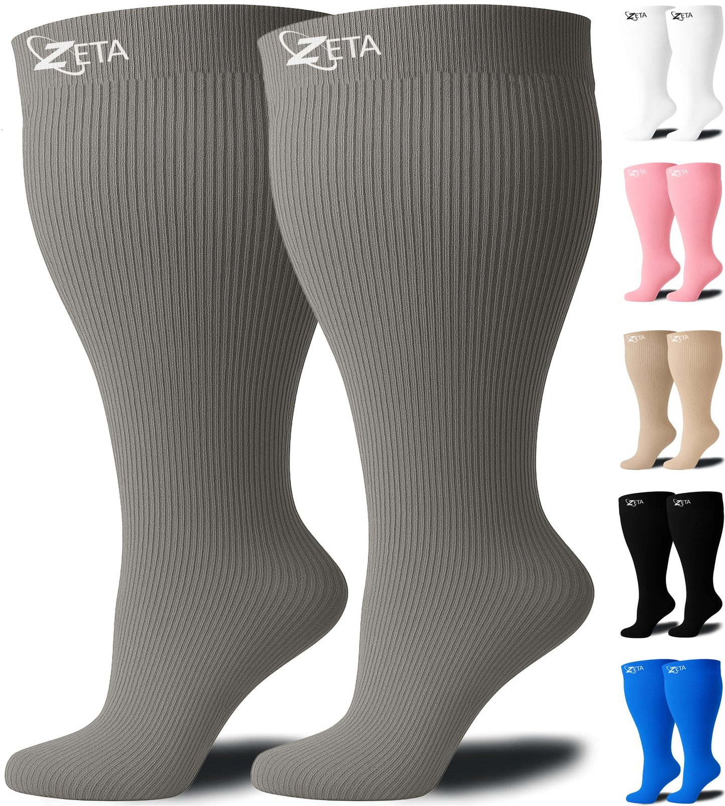 Zeta Wear Plus Size Support Socks - Wide Calf Compression, Great for Travel & Flights, Women Love Its Amazing Fit, Cotton-Rich Comfort & Soothing Relief, 1 Pair, 3XL, Gray