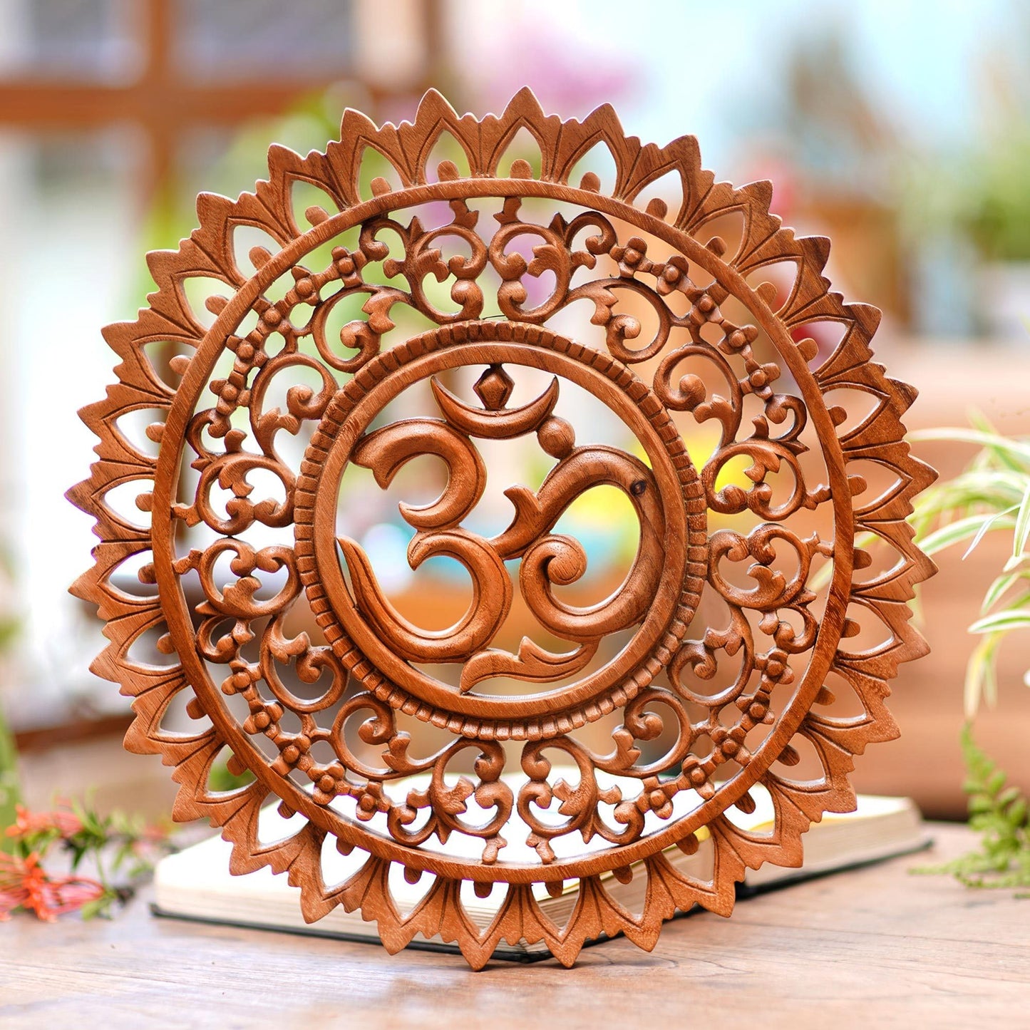 NOVICA Handmade Lotus Om Wood Relief Panel