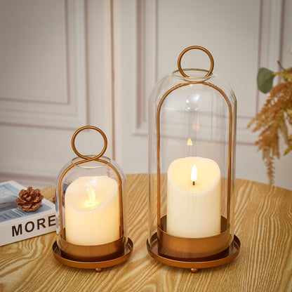 Gdfmsc Hurricane Metal & Glass Candle Holder Gold Set of 2, Decorative Candlestick Pillar Candle Holder with Clear Glass for Wedding Party Christmas Holiday Dining Table Centerpiece Lanter