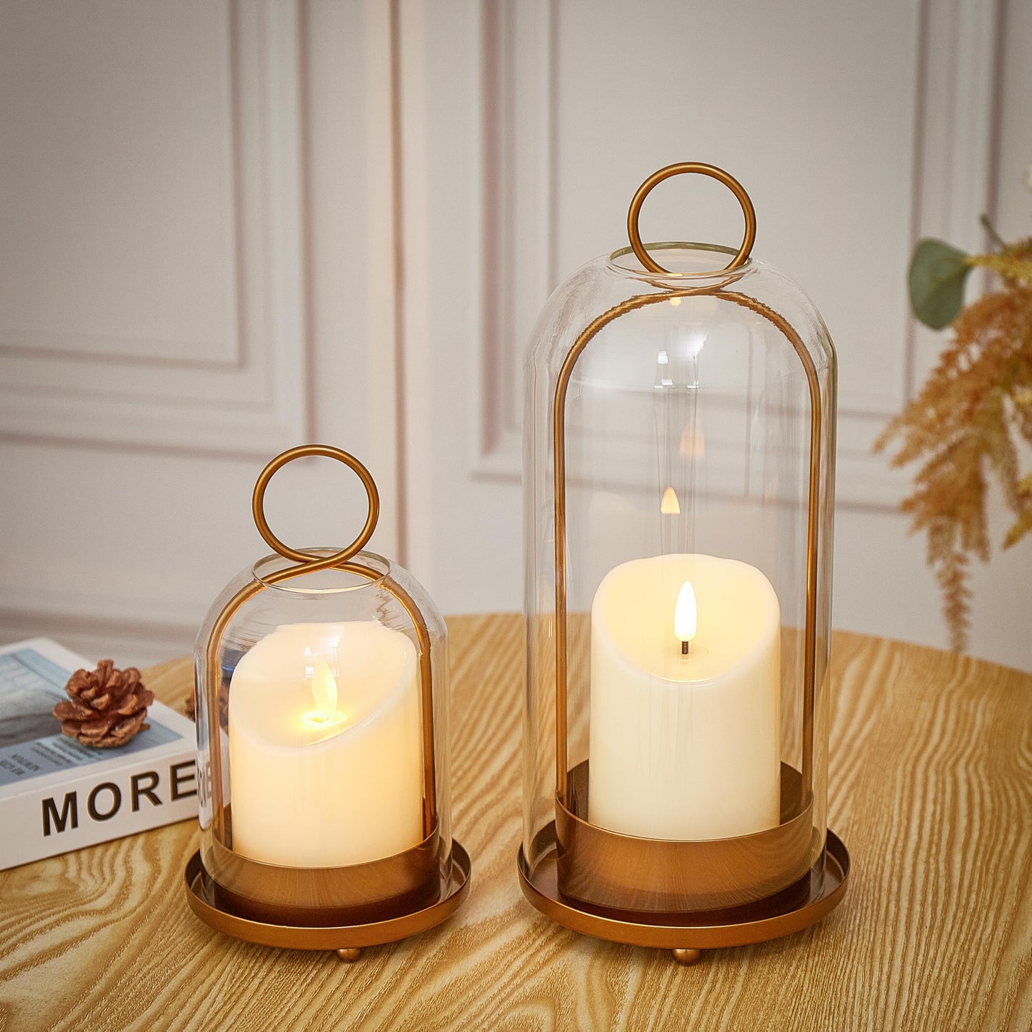 Gdfmsc Hurricane Metal & Glass Candle Holder Gold Set of 2, Decorative Candlestick Pillar Candle Holder with Clear Glass for Wedding Party Christmas Holiday Dining Table Centerpiece Lanter