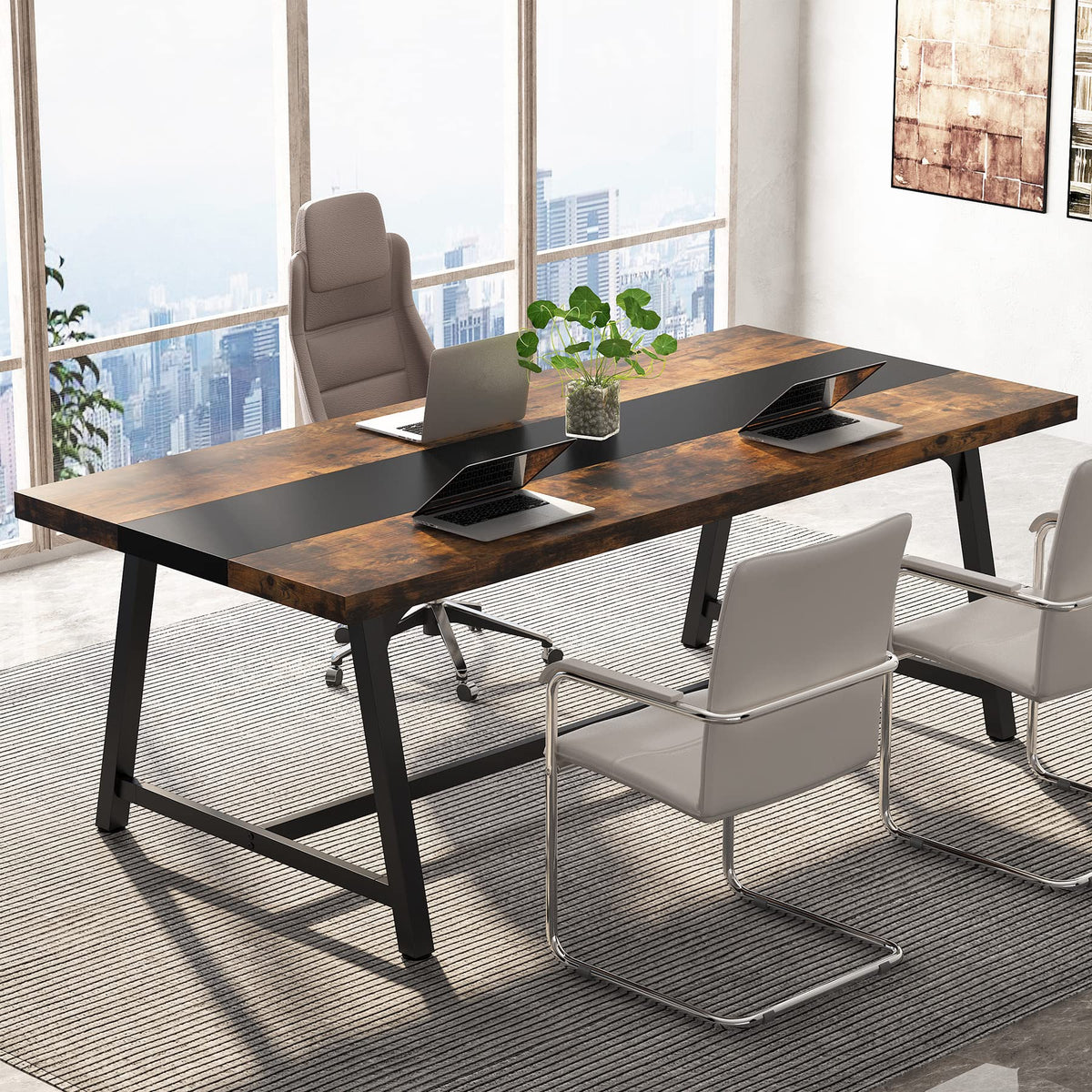 Tribesigns 6FT Rectangle Conference Table, 70.87L x 33.46W x 29.92H Inches Meeting Table for Conference Room, Wood Office Executive Desk with Strong Metal Frame for 6 People, Brown