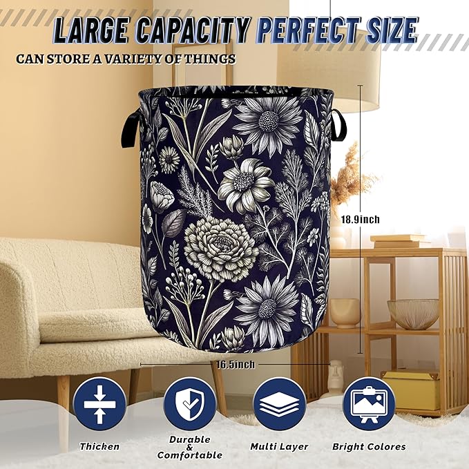 Vintage Floral Flowers Laundry Hamper Foldable Oxford Cloth Cute Laundry Basket