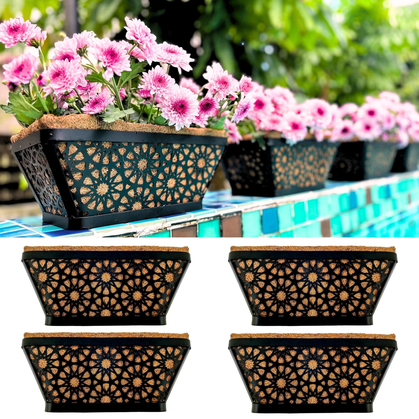 LaLaGreen Window Boxes Planters for Outdoor Plants (12 Inch, 4 Pack) Small and Cute Black Metal Fence Hanging Flower Box Basket with Coco Liner Unique Horse Troughs Balcony Garden Pot Patio Porch Rail